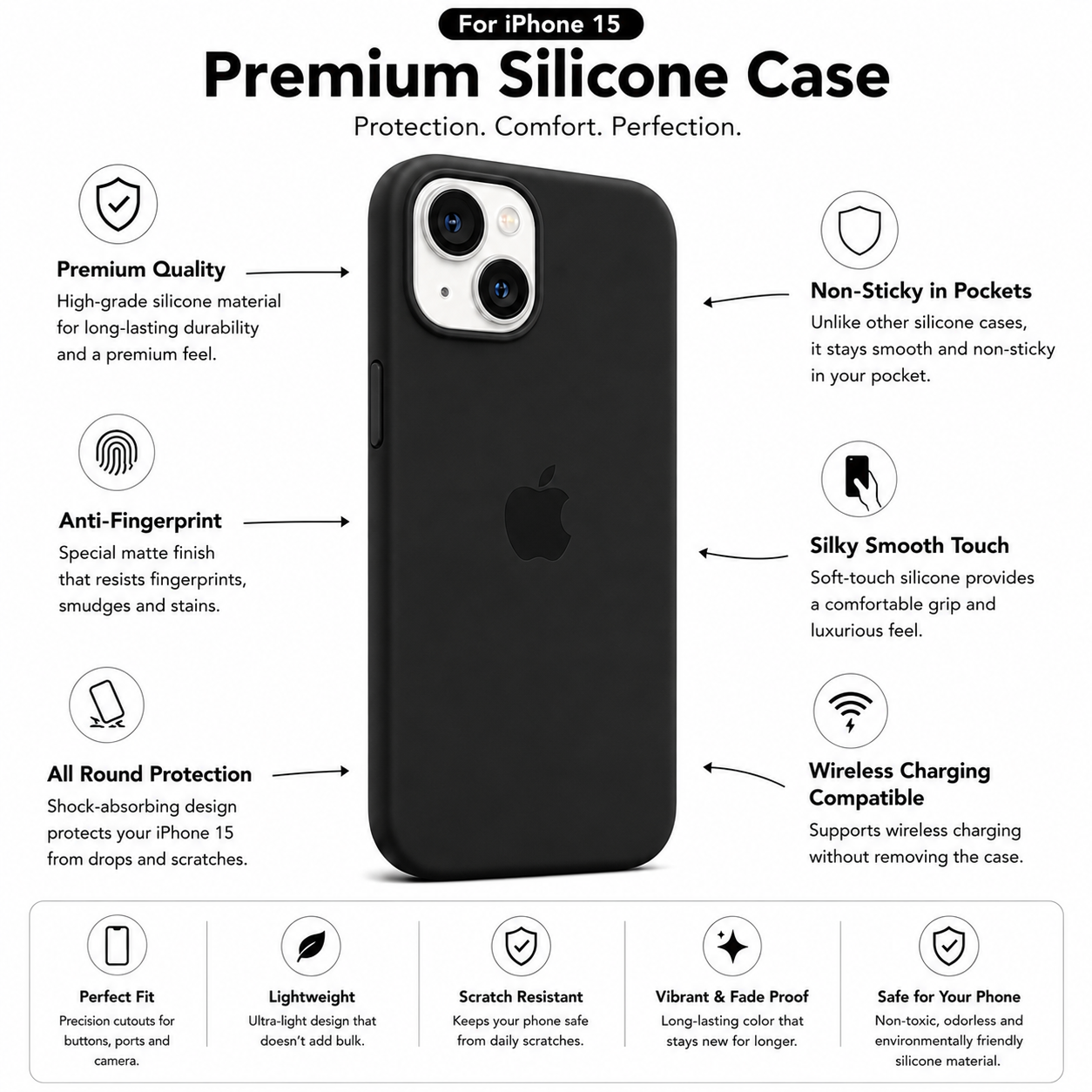 Anti-Fingerprint Premium Silicone Case for iPhone 15