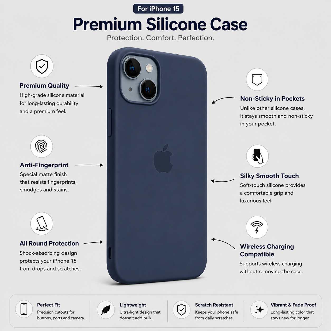 Anti-Fingerprint Premium Silicone Case for iPhone 15