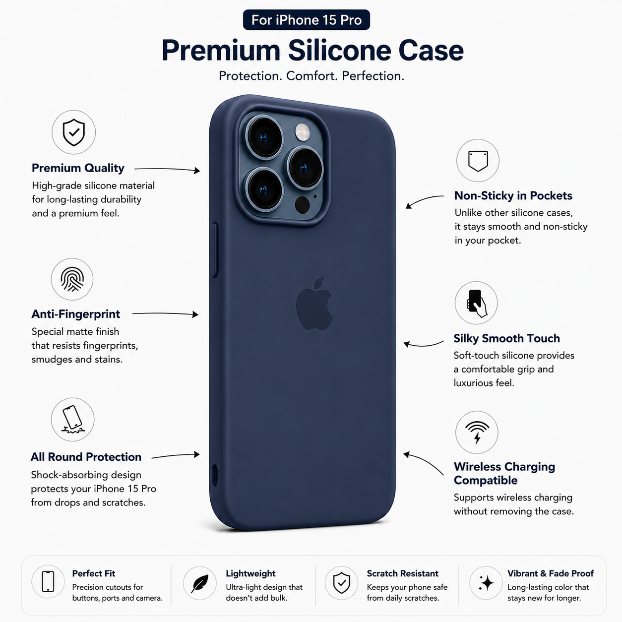 Anti-Fingerprint Premium Silicone Case for iPhone 15 Pro