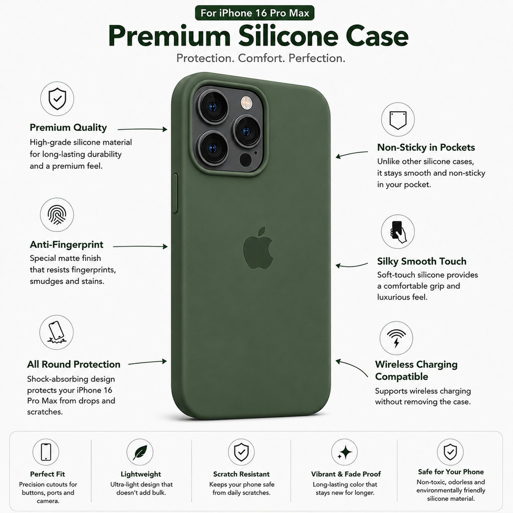 Olive Green Anti-Fingerprint Premium Silicone Case for iPhone 16 Pro Max