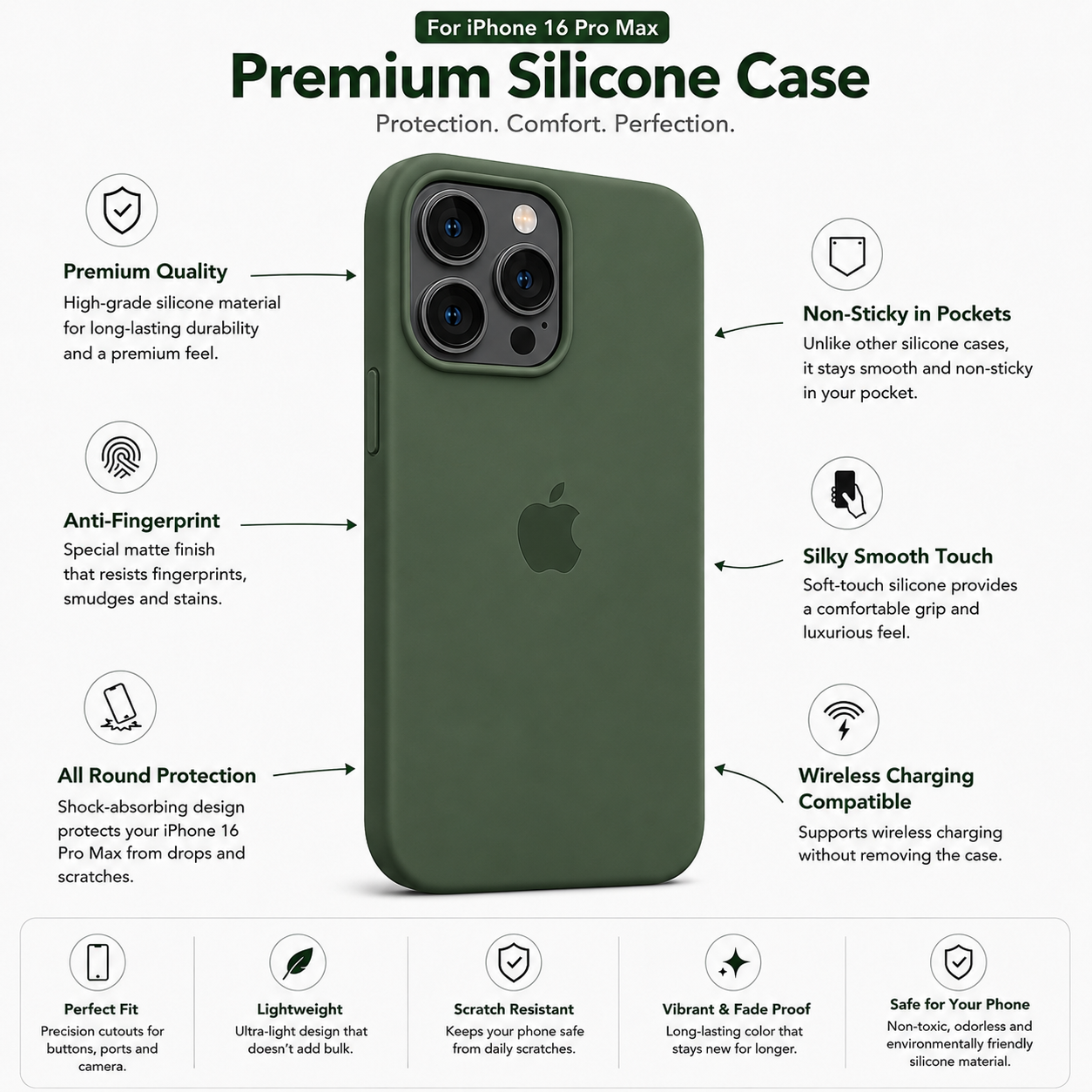Olive Green Anti-Fingerprint Premium Silicone Case for iPhone 16 Pro Max