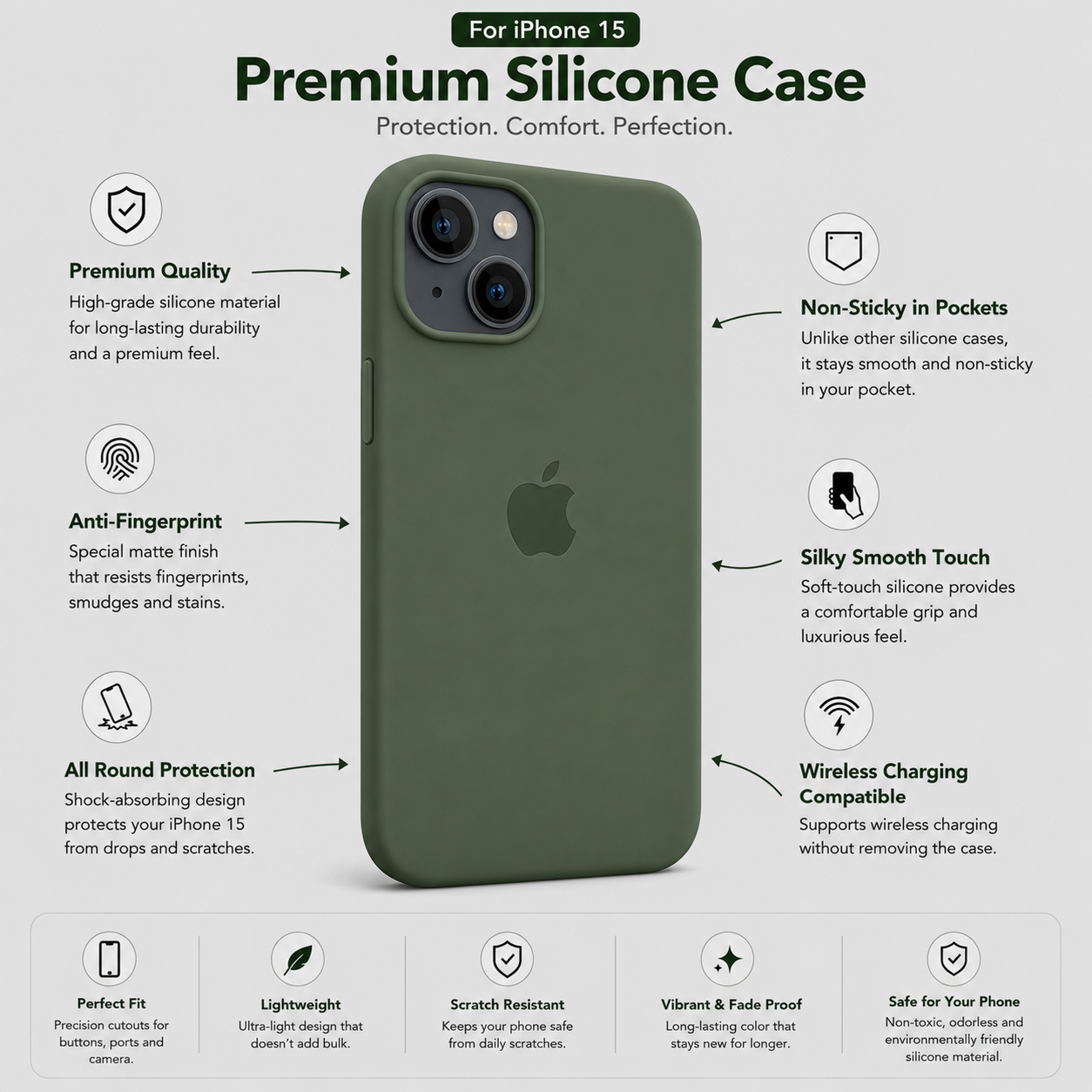 Anti-Fingerprint Premium Silicone Case for iPhone 15